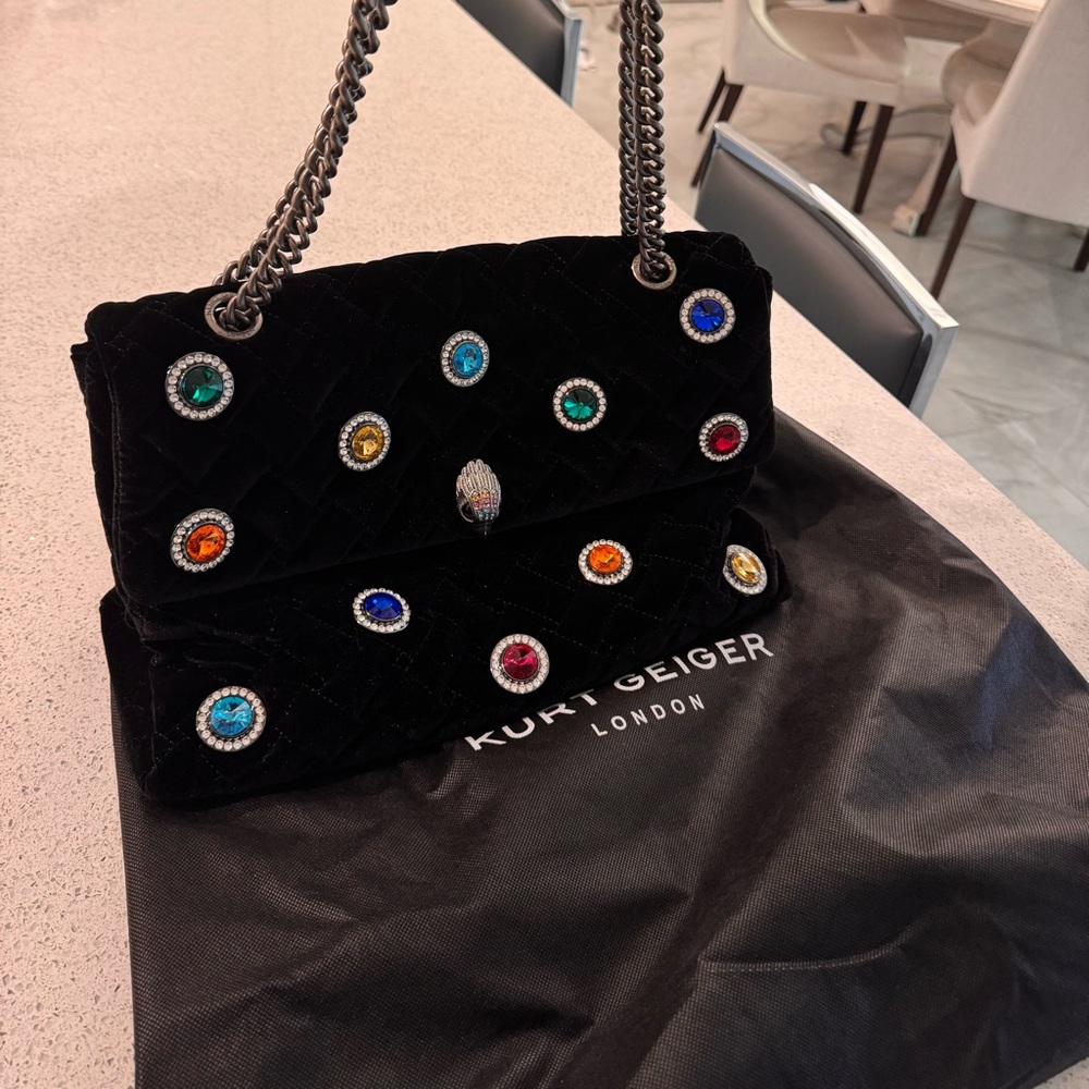 Kurt Geiger Black Velvet Large Kensington Bag with Rhinestones 2022 Season